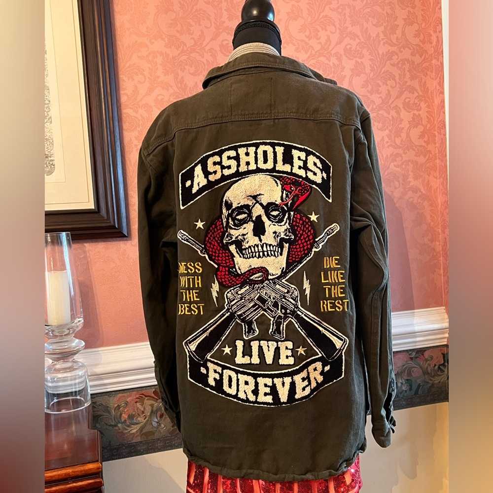 Olive Green A**holes Live Forever Graphic Military Style Shirt Jacket (Shacket)